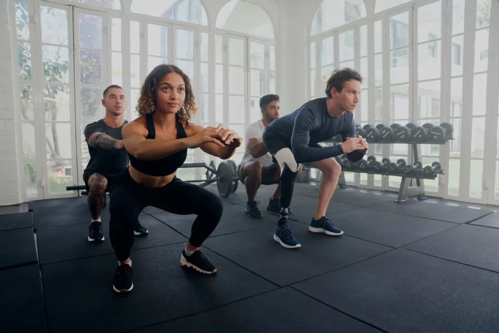 Groupe jeunes adultes squats gymnase